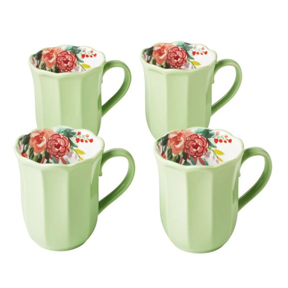 Pioneer Woman Painted Meadow Ceramic Mugs 4pc Cups Green Floral Kitchen Gift NEW - Picture 1 of 5